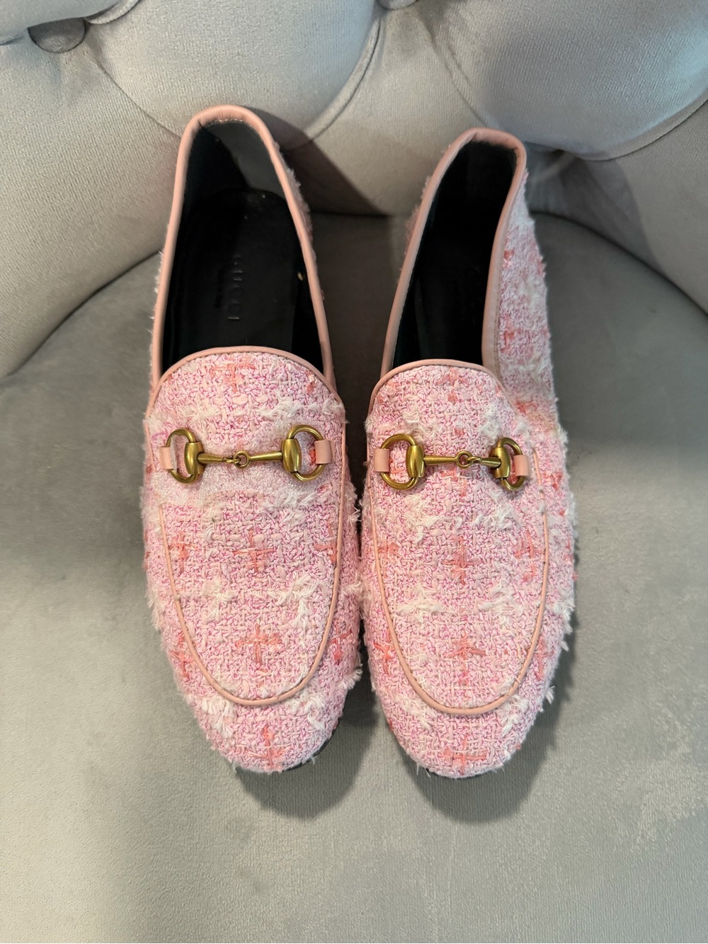 Gucci Pink Tweed Horsebit Loafers